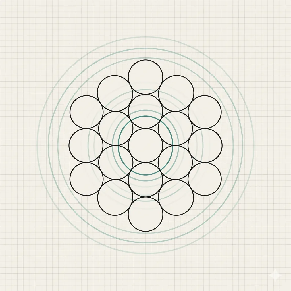 Precisely spaced circles in hexagonal arrangement with concentric radial distribution rings