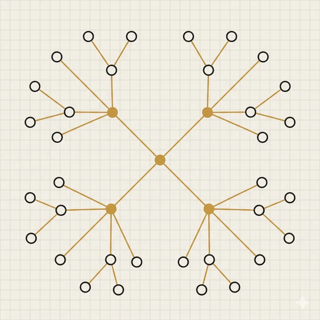 Symmetric tree-network of entangled optical mode nodes with gold highlighted central links