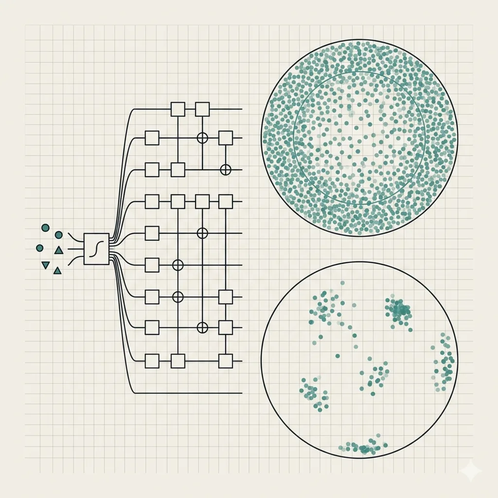 Bloch sphere with sampled state distribution and surrounding parameterized circuit gate traces