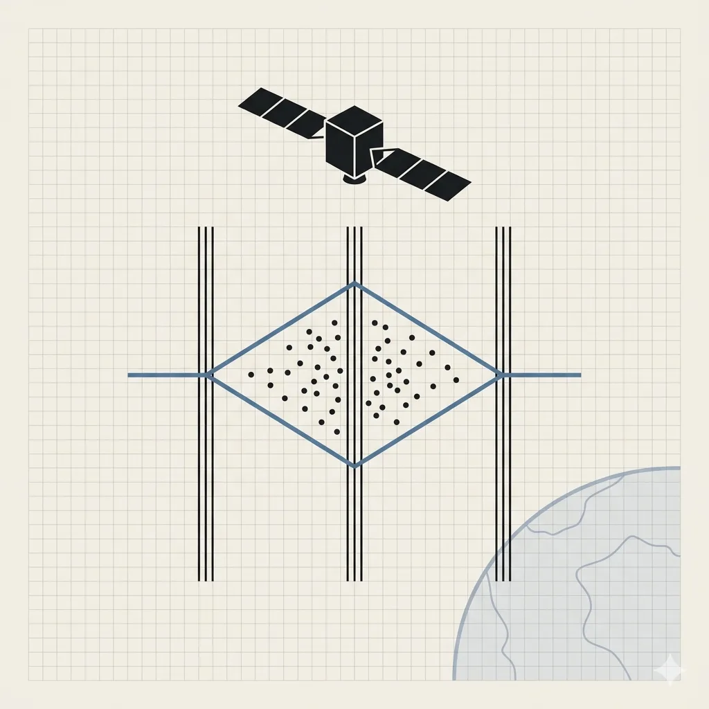 Spacecraft silhouette above laser beam array interrogating a cold atom cloud falling toward a planetary arc